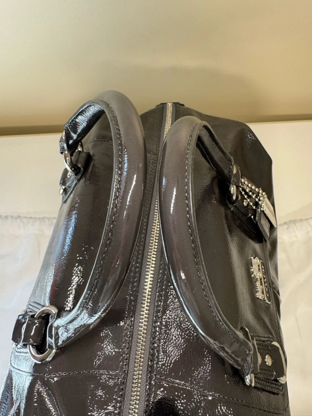 NWOT - Coach Madison Sabrina Satchel in Graphite Patent Leather with Dust Bag
